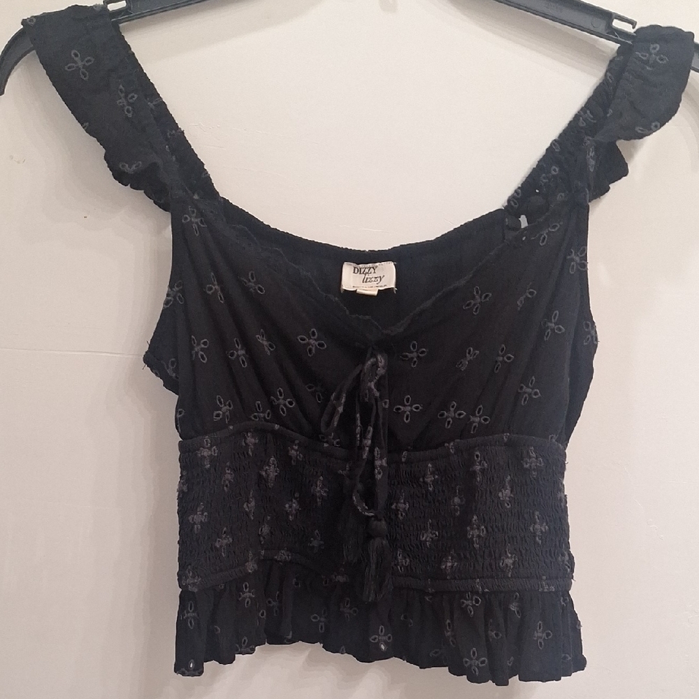 Dizzy Black Crop Tie Front Ruffled Blouse